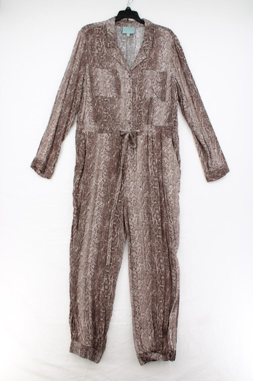 Skies Are Blue Snakeskin Print Jumpsuit Womens XL Brown Long Sleeve Belted Cozy
